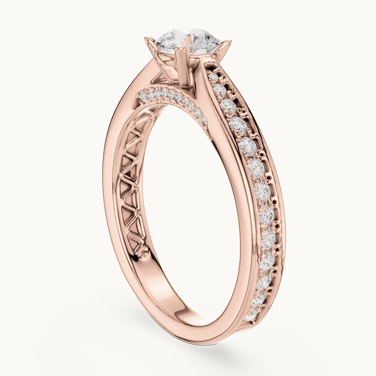 Round lab-grown diamond pavé engagement ring with filigree detail in rose gold, 0.92 CT TW, view 1