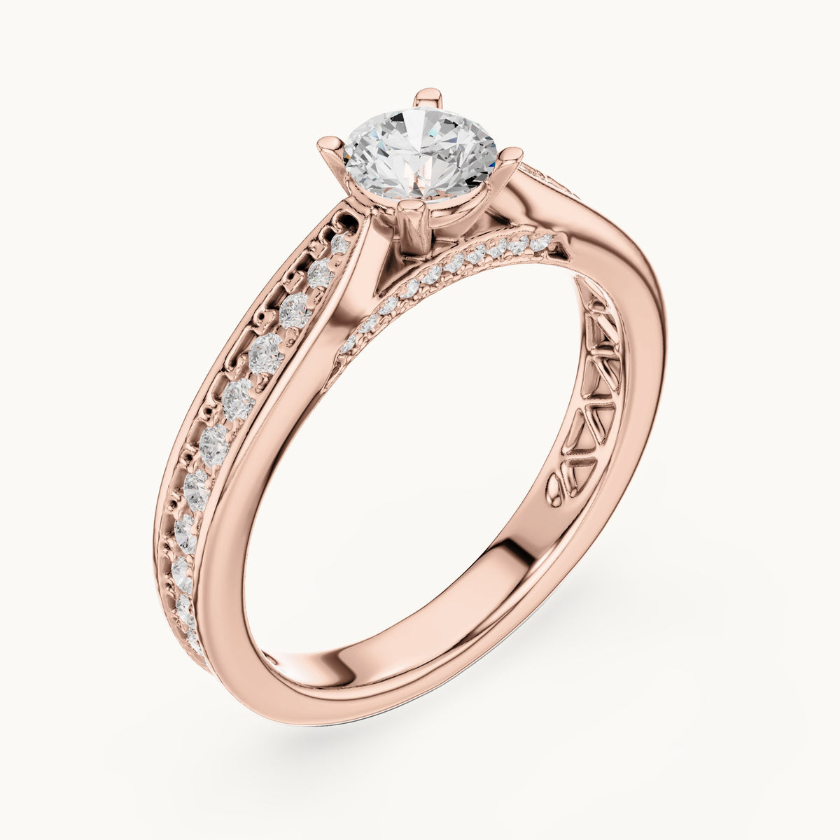 Round lab-grown diamond pavé engagement ring with filigree detail in rose gold, 0.92 CT TW, view 2