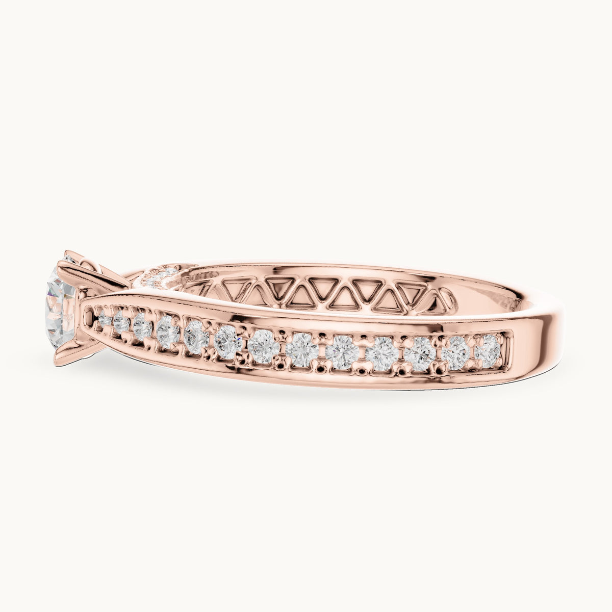 Round lab-grown diamond pavé engagement ring with filigree detail in rose gold, 0.92 CT TW, view 3