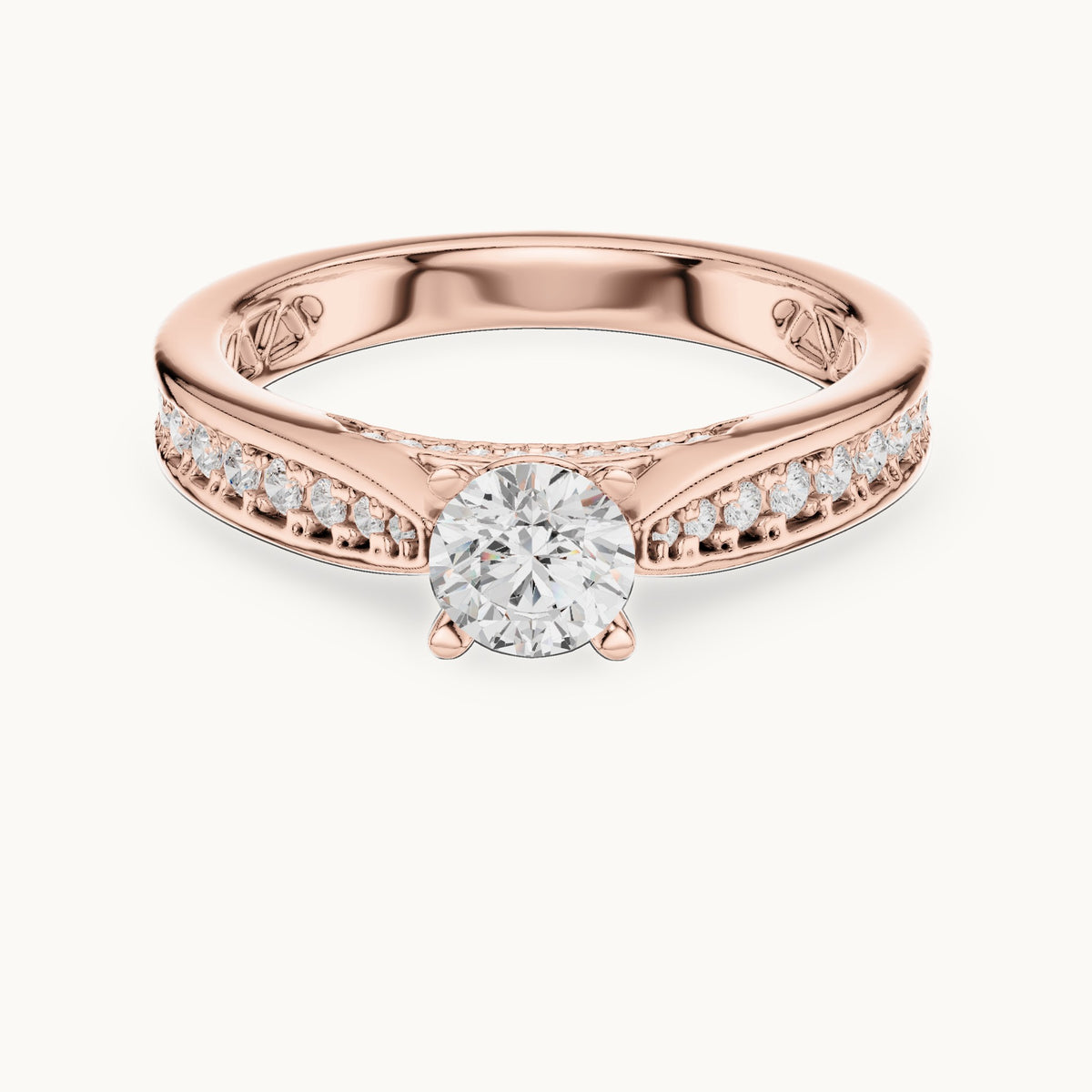 Round lab-grown diamond pavé engagement ring with filigree detail in rose gold, 0.92 CT TW, view 4