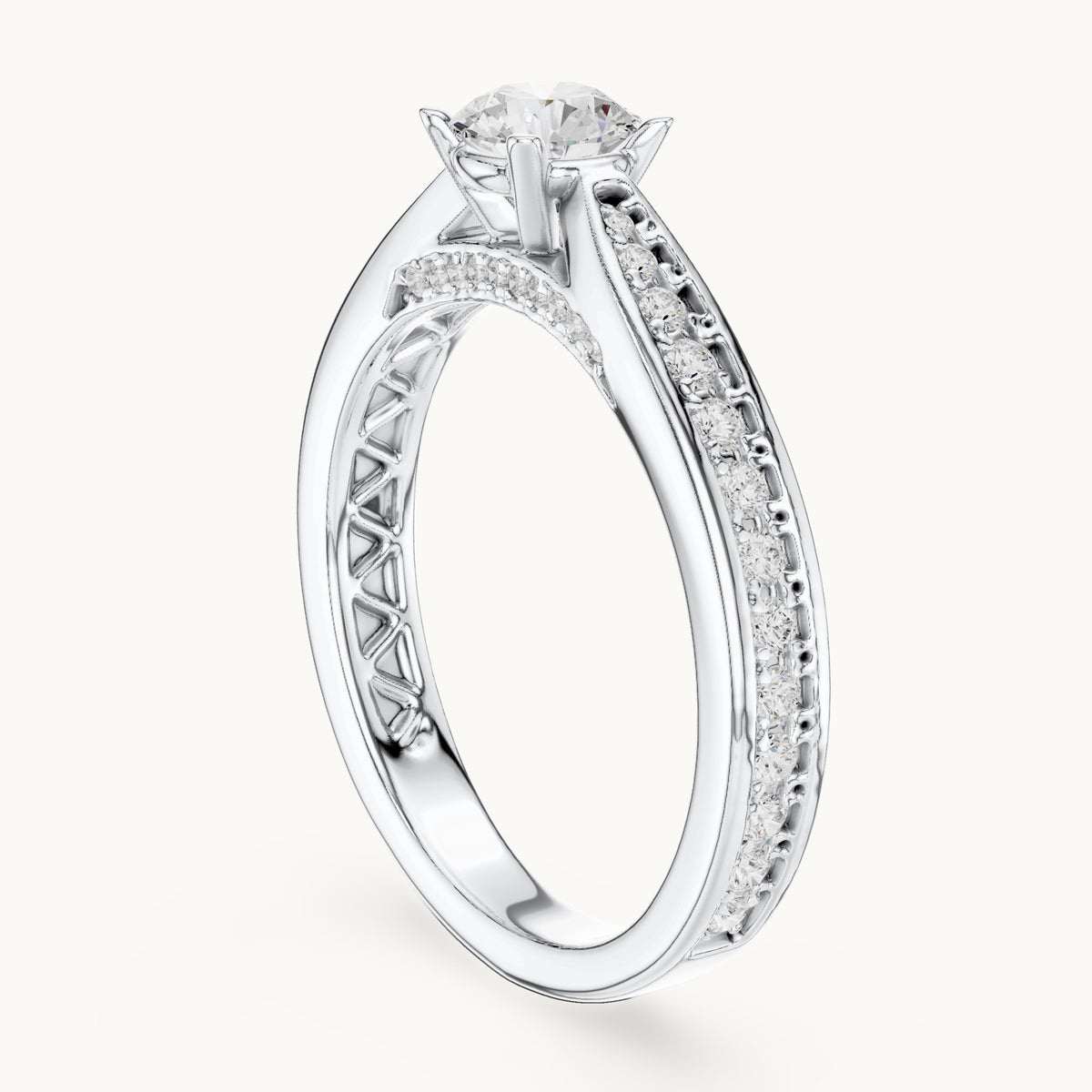 Round lab-grown diamond pavé engagement ring with filigree detail in white gold, 0.92 CT TW, view 1