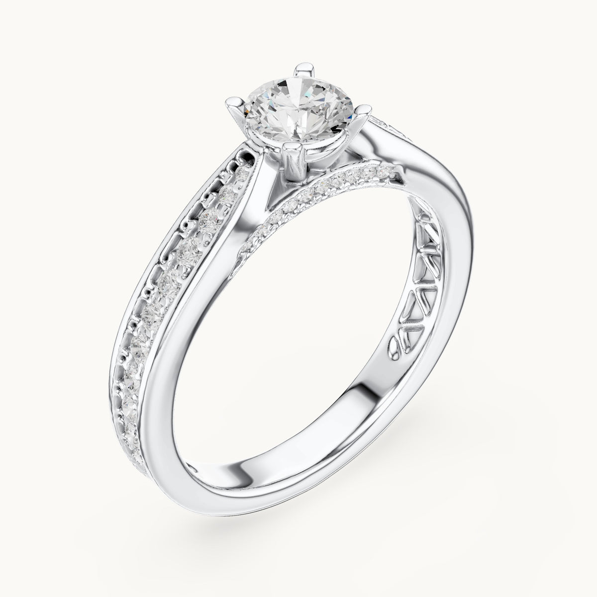 Round lab-grown diamond pavé engagement ring with filigree detail in white gold, 0.92 CT TW, view 2