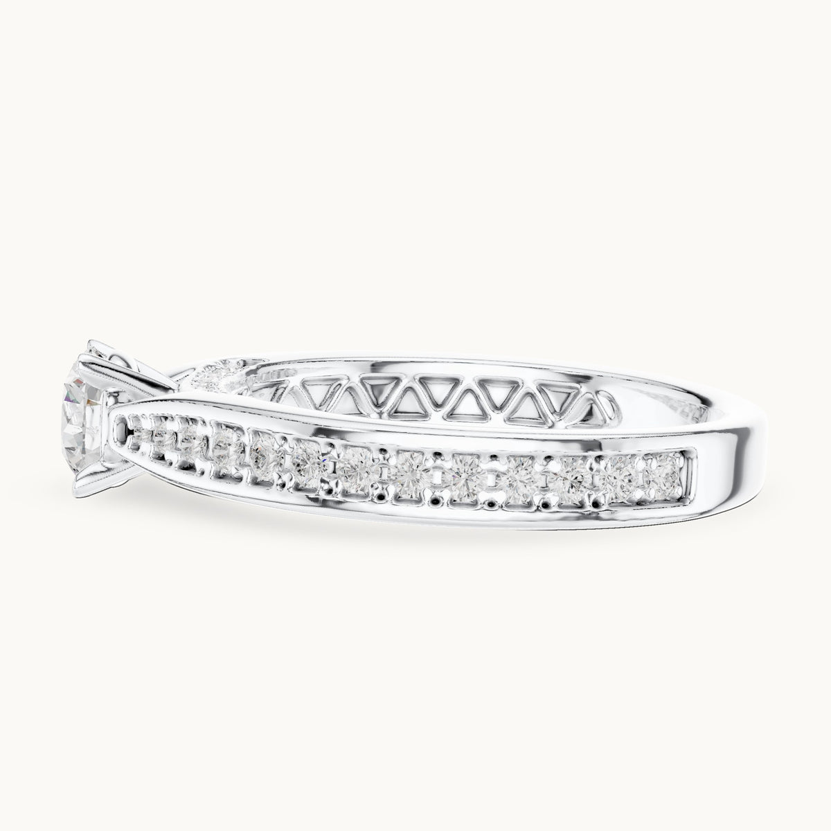Round lab-grown diamond pavé engagement ring with filigree detail in white gold, 0.92 CT TW, view 3
