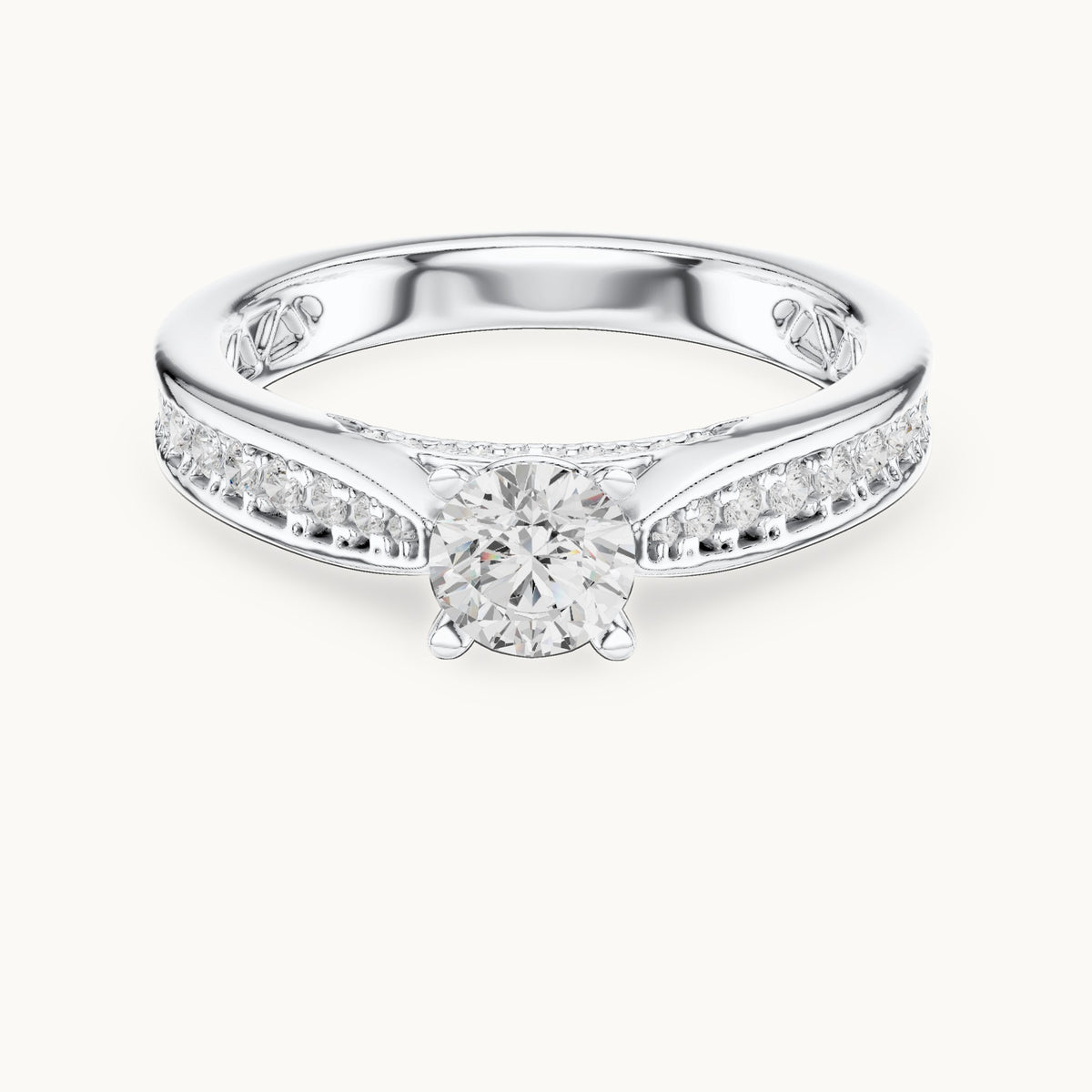 Round lab-grown diamond pavé engagement ring with filigree detail in white gold, 0.92 CT TW, view 4