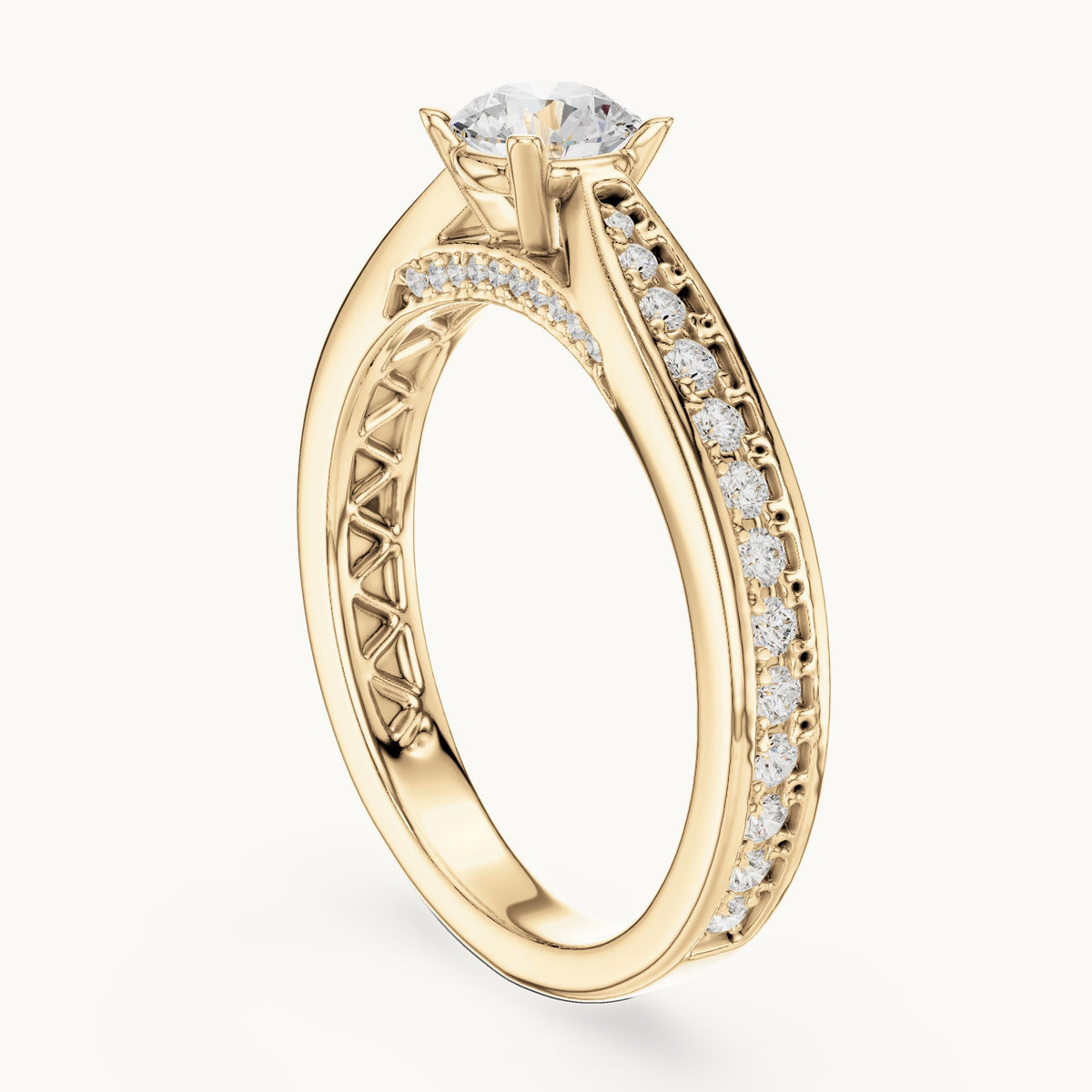 Round lab-grown diamond pavé engagement ring with filigree detail in yellow gold, 0.92 CT TW, view 1