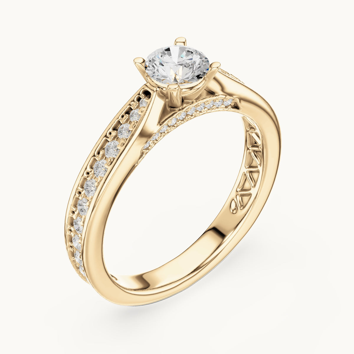 Round lab-grown diamond pavé engagement ring with filigree detail in yellow gold, 0.92 CT TW, view 2