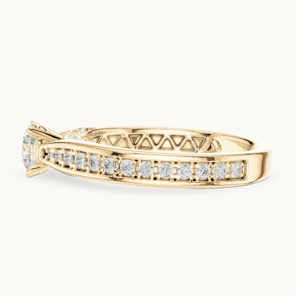 Round lab-grown diamond pavé engagement ring with filigree detail in yellow gold, 0.92 CT TW, view 3