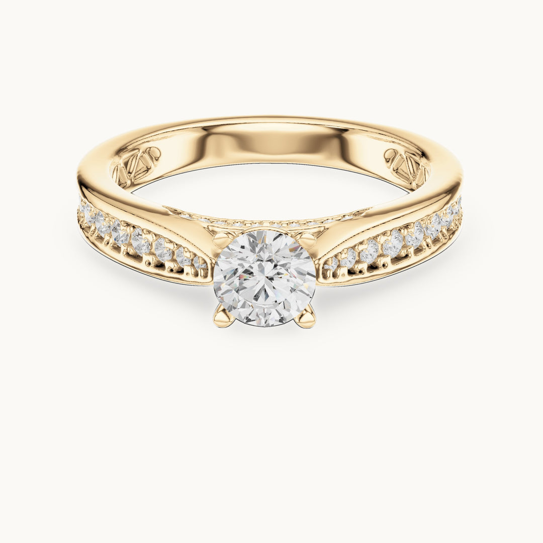 Round lab-grown diamond pavé engagement ring with filigree detail in yellow gold, 0.92 CT TW, view 4