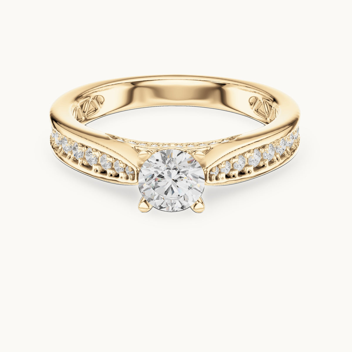 Round lab-grown diamond pavé engagement ring with filigree detail in yellow gold, 0.92 CT TW, view 4