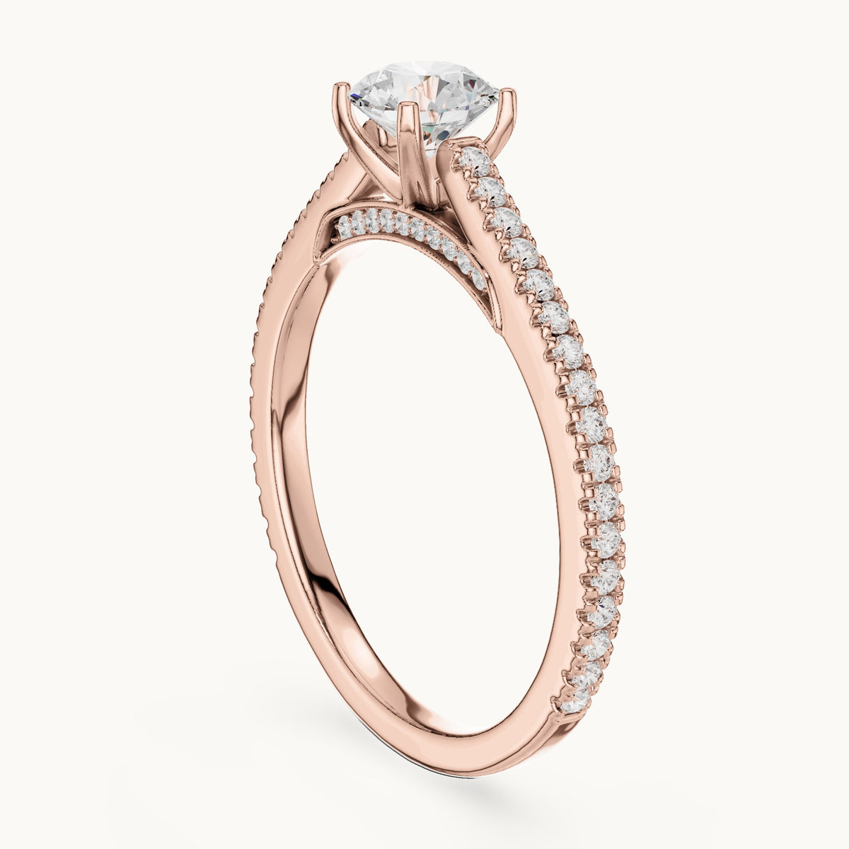 Round lab-grown diamond cathedral pavé engagement ring in rose gold, 0.96 CT TW, view 1