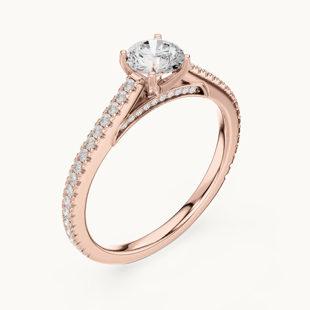 Round lab-grown diamond cathedral pavé engagement ring in rose gold, 0.96 CT TW, view 2