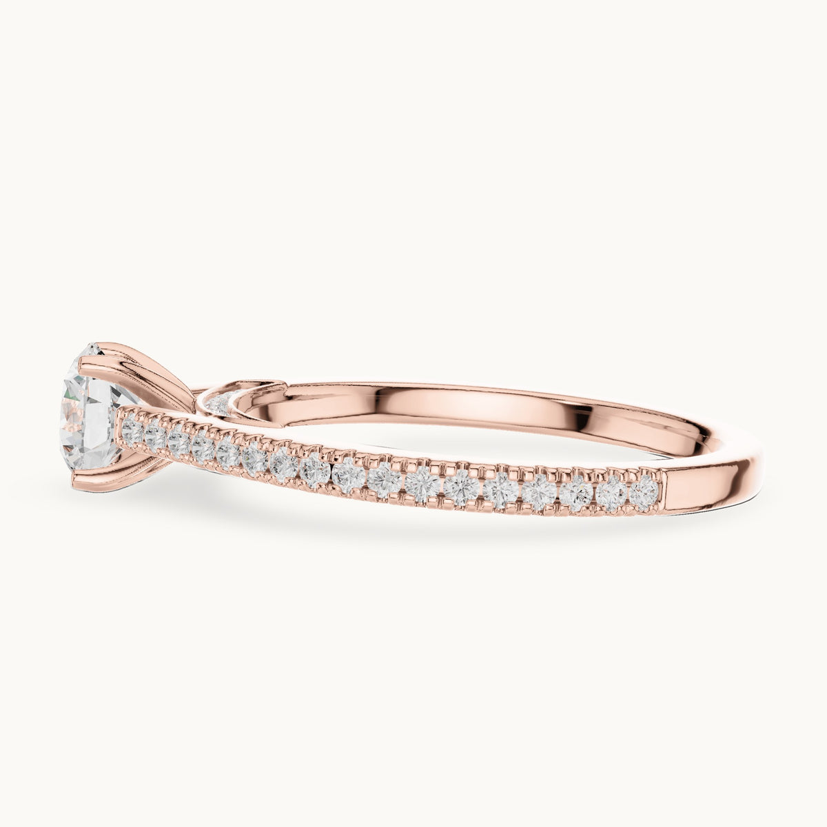 Round lab-grown diamond cathedral pavé engagement ring in rose gold, 0.96 CT TW, view 3