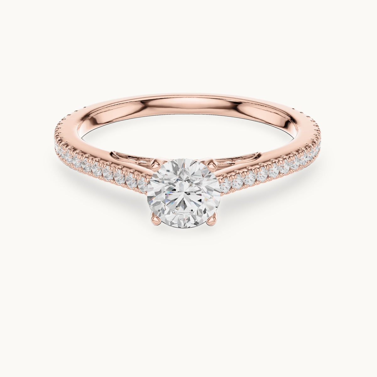 Round lab-grown diamond cathedral pavé engagement ring in rose gold, 0.96 CT TW, view 4