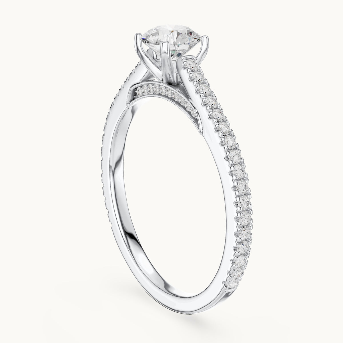 Round lab-grown diamond cathedral pavé engagement ring in white gold, 0.96 CT TW, view 1