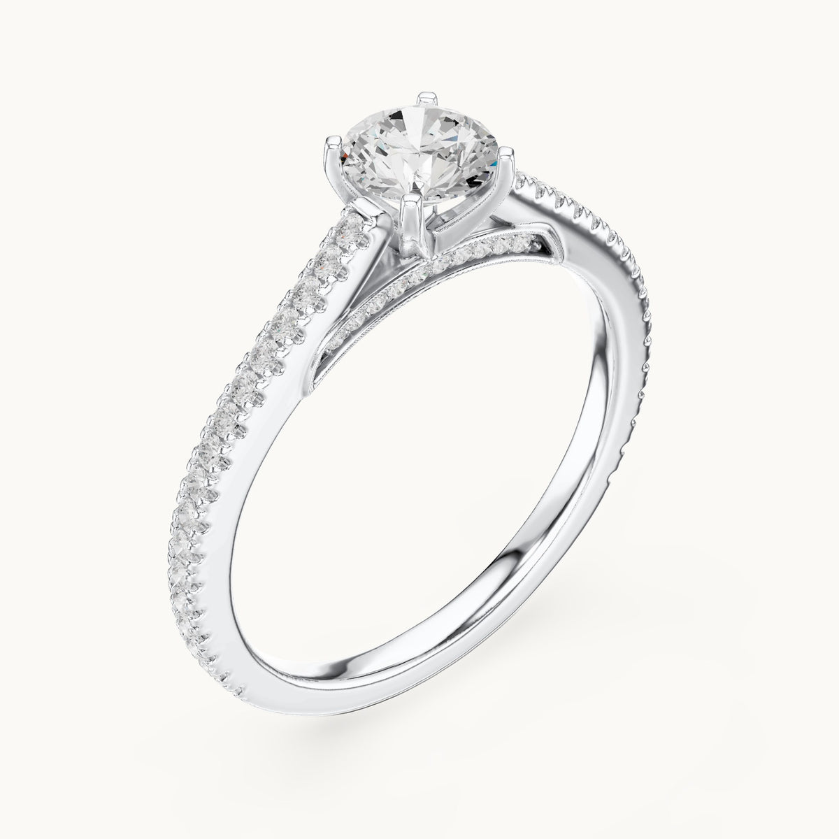 Round lab-grown diamond cathedral pavé engagement ring in white gold, 0.96 CT TW, view 2