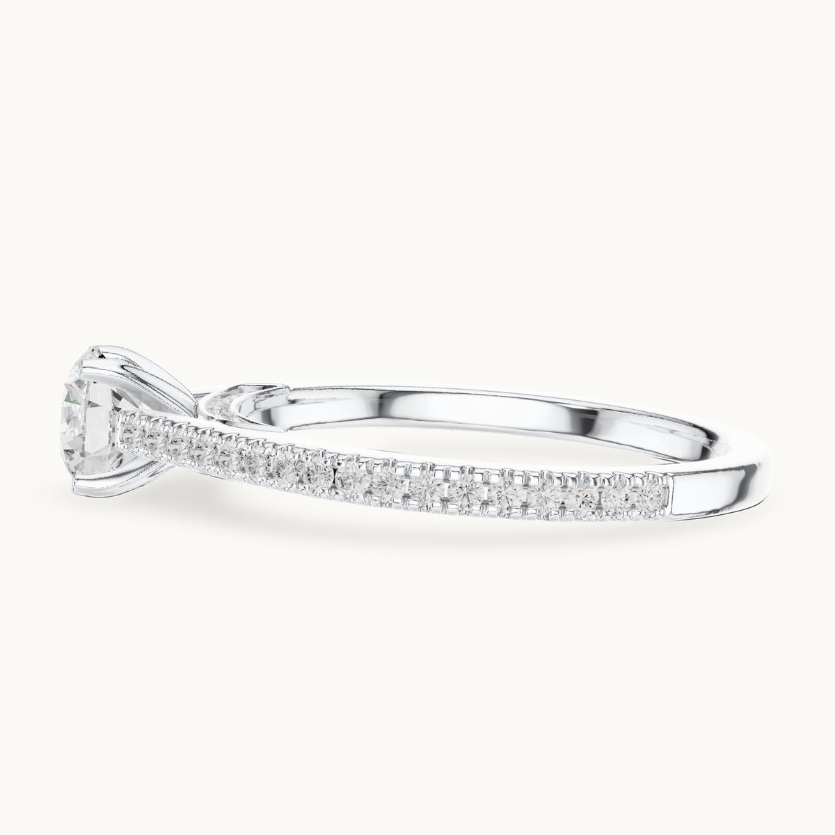 Round lab-grown diamond cathedral pavé engagement ring in white gold, 0.96 CT TW, view 3