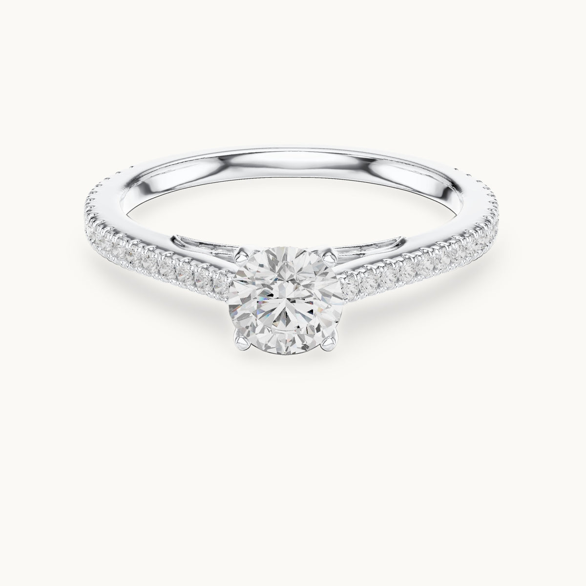 Round lab-grown diamond cathedral pavé engagement ring in white gold, 0.96 CT TW, view 4