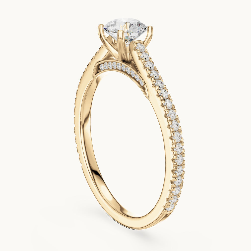 Round lab-grown diamond cathedral pavé engagement ring in yellow gold, 0.96 CT TW, view 1