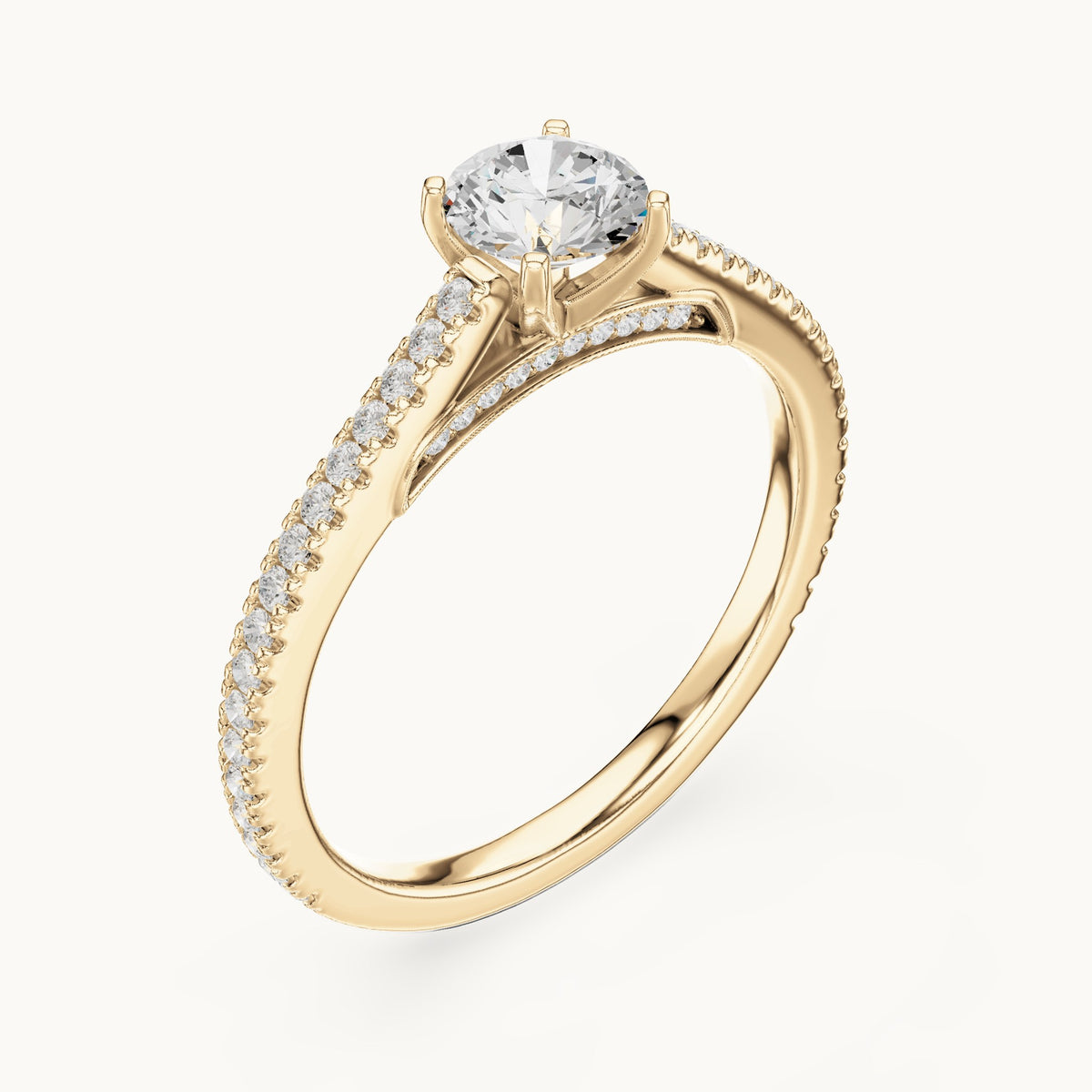 Round lab-grown diamond cathedral pavé engagement ring in yellow gold, 0.96 CT TW, view 2
