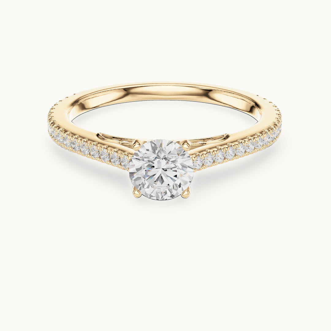 Round lab-grown diamond cathedral pavé engagement ring in yellow gold, 0.96 CT TW, view 4