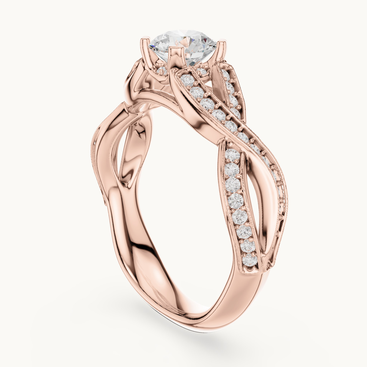 Round lab-grown diamond twisted pavé engagement ring in 14K rose gold, 1.14 CT TW, view 1