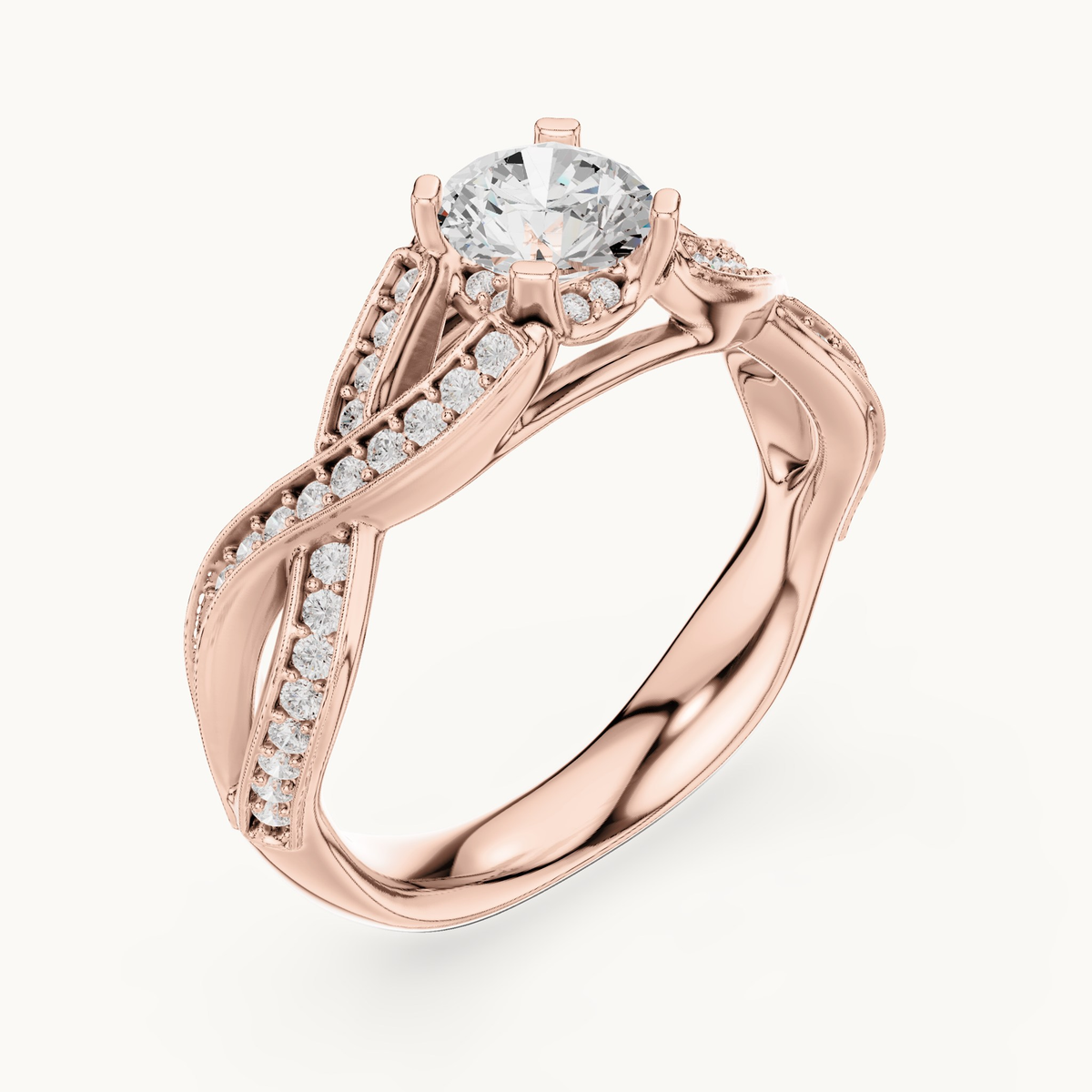 Round lab-grown diamond twisted pavé engagement ring in 14K rose gold, 1.14 CT TW, view 2