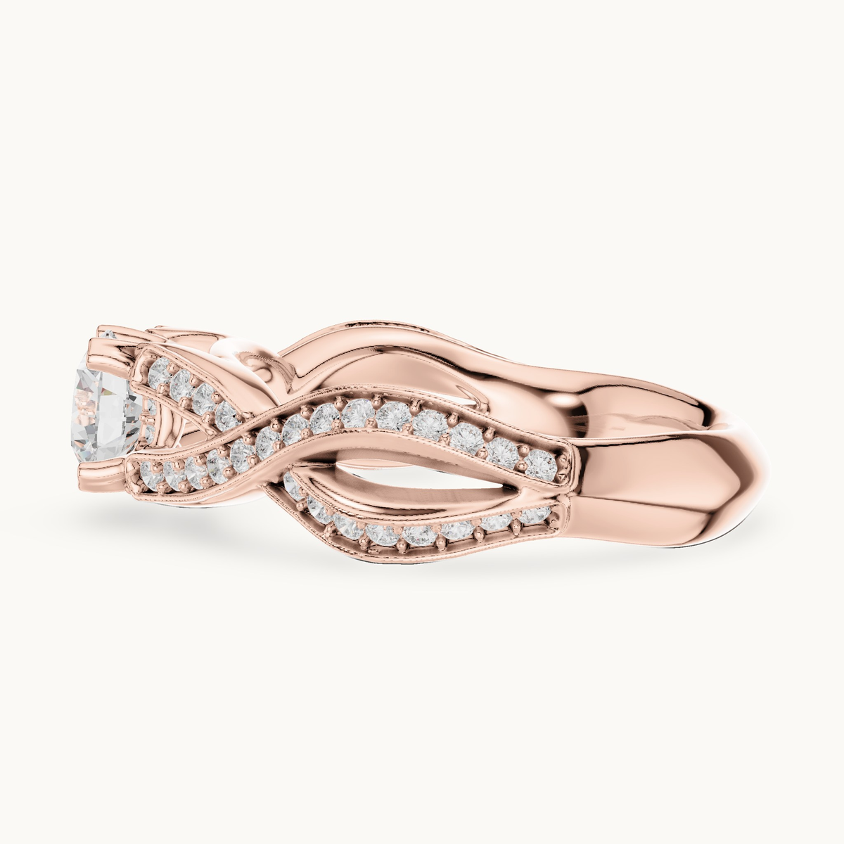 Round lab-grown diamond twisted pavé engagement ring in 14K rose gold, 1.14 CT TW, view 3