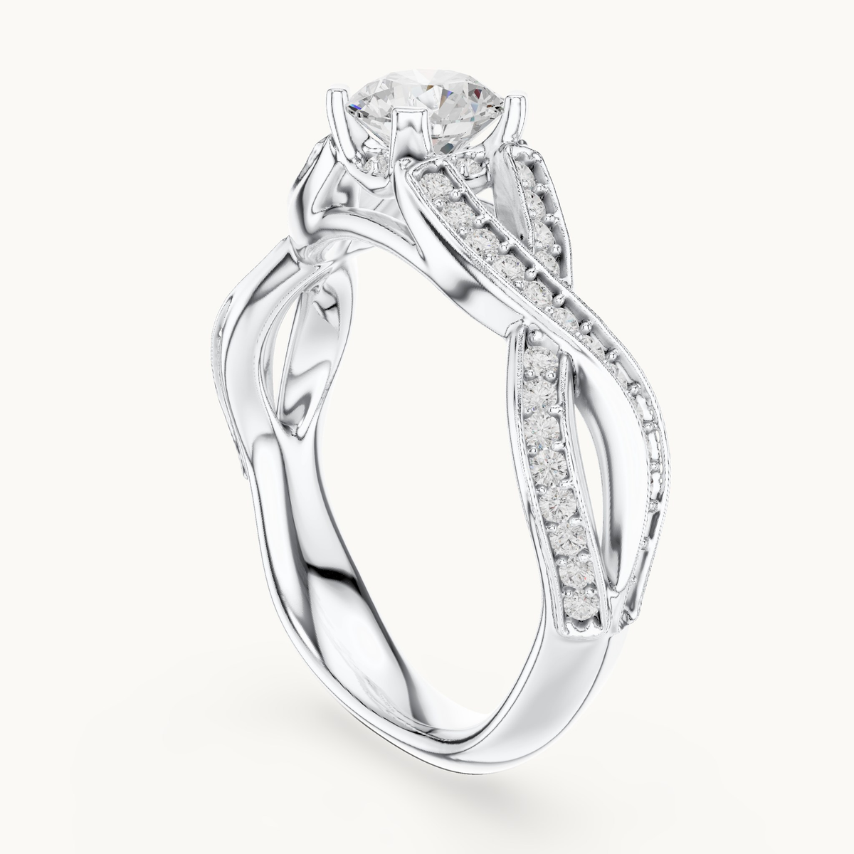 Round lab-grown diamond twisted pavé engagement ring in 14K white gold, 1.14 CT TW, view 1