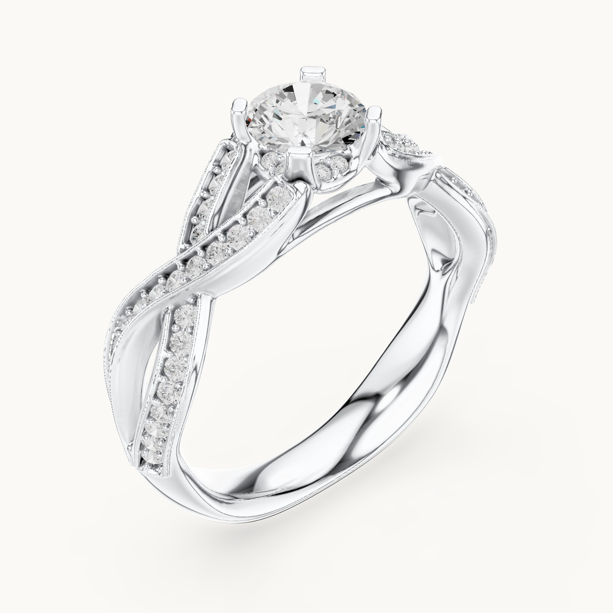 Round lab-grown diamond twisted pavé engagement ring in 14K white gold, 1.14 CT TW, view 2