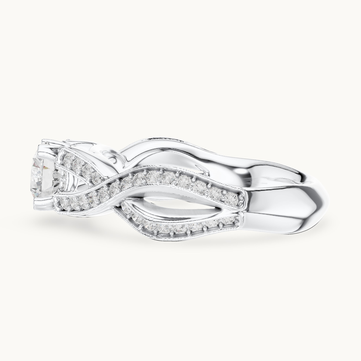 Round lab-grown diamond twisted pavé engagement ring in 14K white gold, 1.14 CT TW, view 3