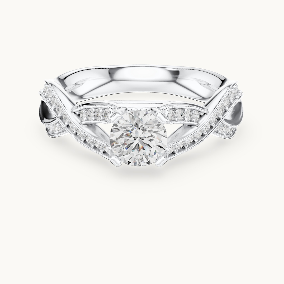 Round lab-grown diamond twisted pavé engagement ring in 14K white gold, 1.14 CT TW, view 4