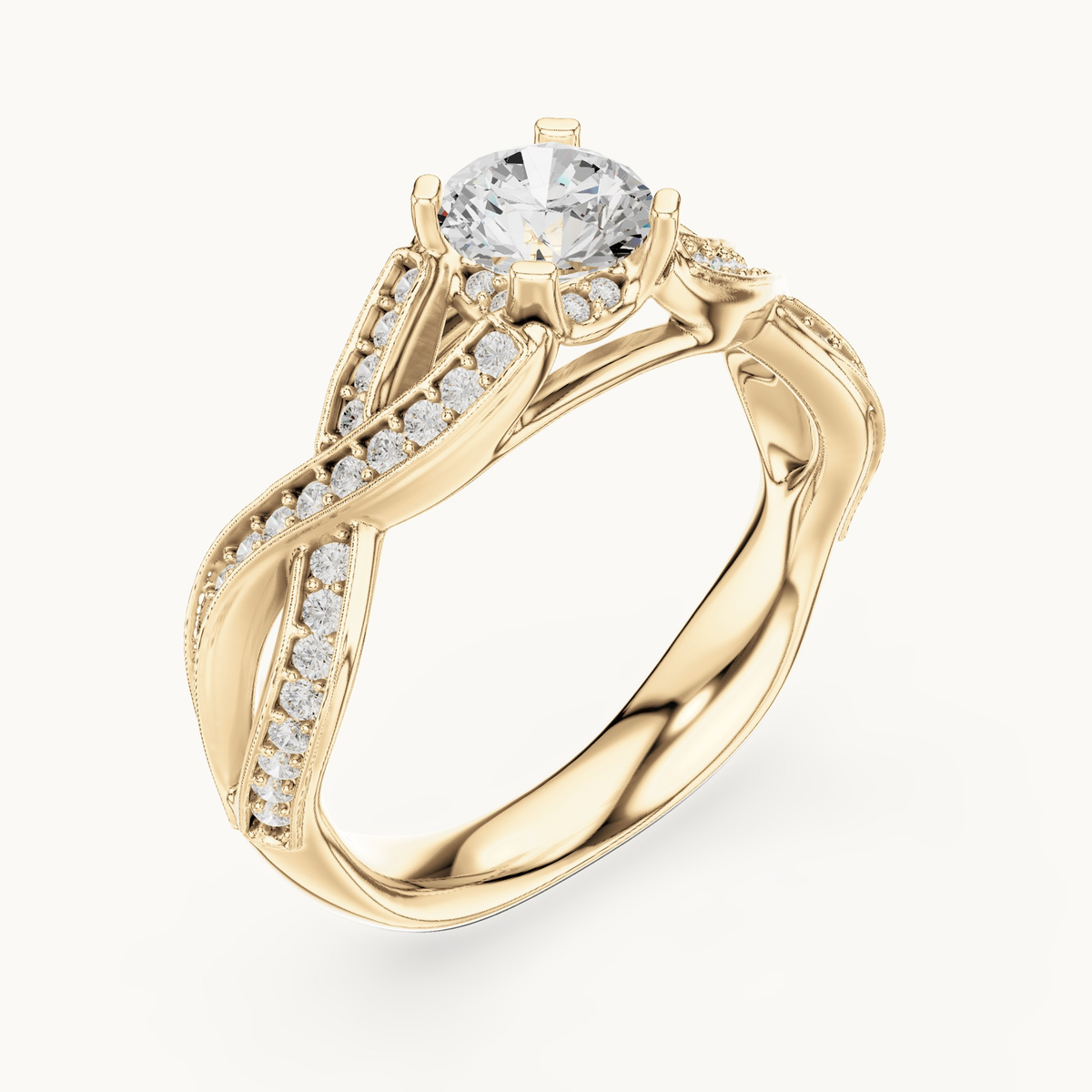 Round lab-grown diamond twisted pavé engagement ring in 14K yellow gold, 1.14 CT TW, view 2