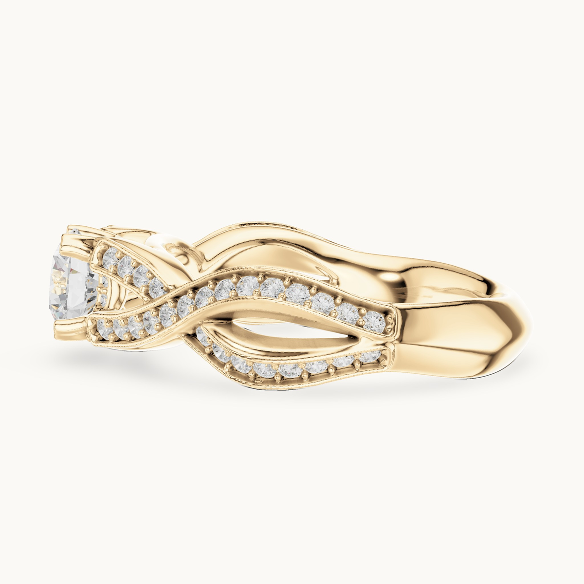 Round lab-grown diamond twisted pavé engagement ring in 14K yellow gold, 1.14 CT TW, view 3