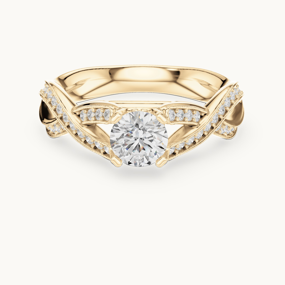 Round lab-grown diamond twisted pavé engagement ring in 14K yellow gold, 1.14 CT TW, view 4
