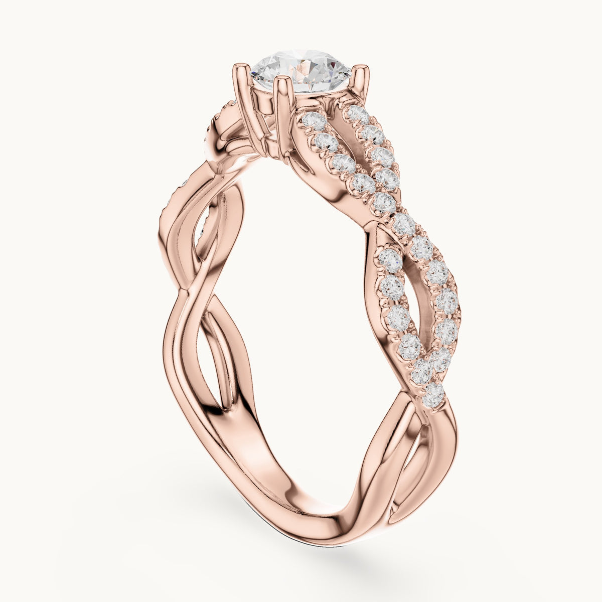 Round lab-grown diamond infinity twist pavé engagement ring in rose gold, 0.816 CT TW, view 1