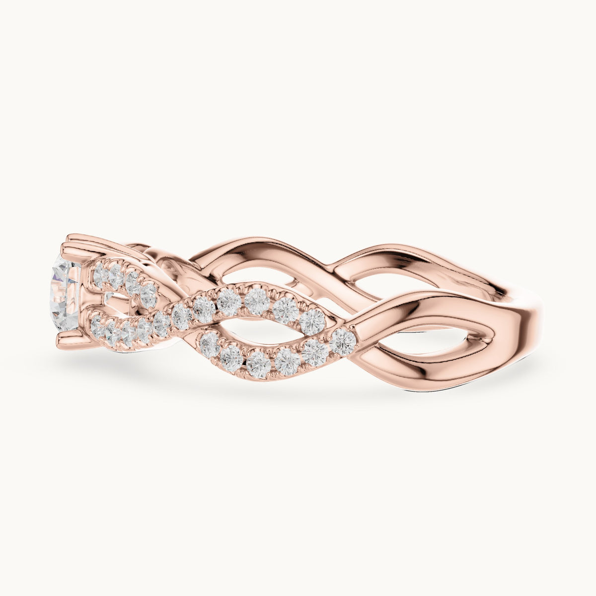 Round lab-grown diamond infinity twist pavé engagement ring in rose gold, 0.816 CT TW, view 3