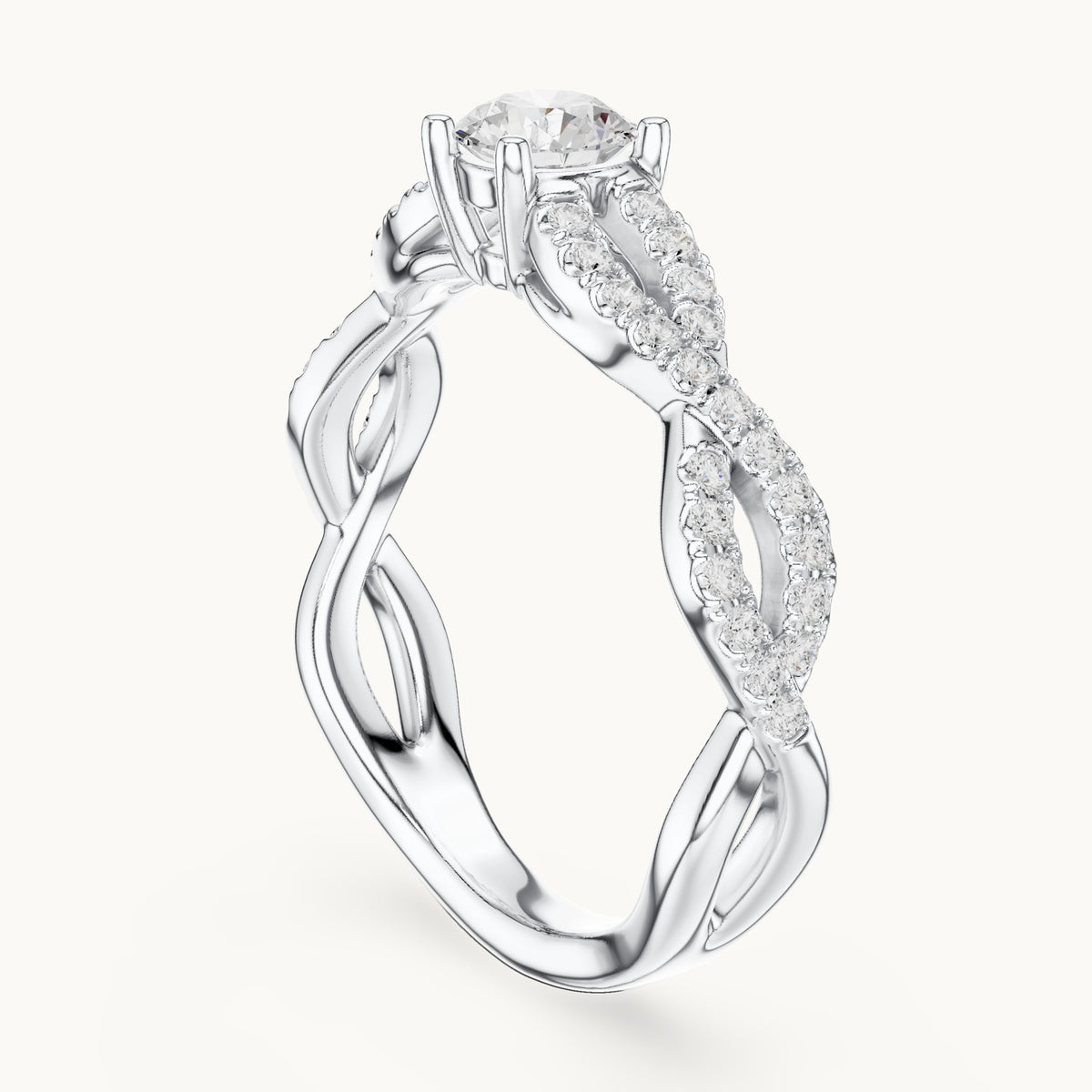 Round lab-grown diamond infinity twist pavé engagement ring in white gold, 0.816 CT TW, view 1