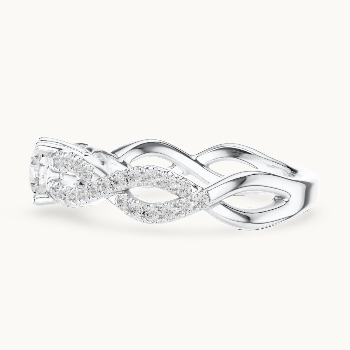 Round lab-grown diamond infinity twist pavé engagement ring in white gold, 0.816 CT TW, view 3