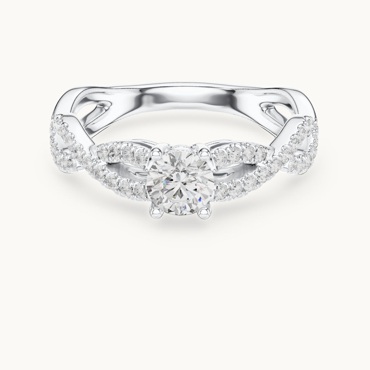 Round lab-grown diamond infinity twist pavé engagement ring in white gold, 0.816 CT TW, view 4