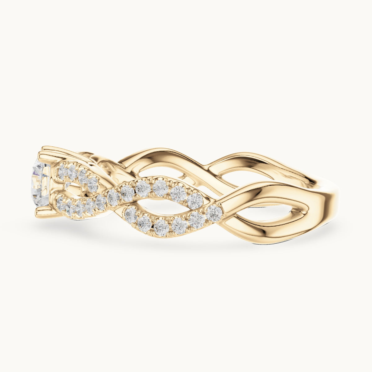 Round lab-grown diamond infinity twist pavé engagement ring in yellow gold, 0.816 CT TW, view 3