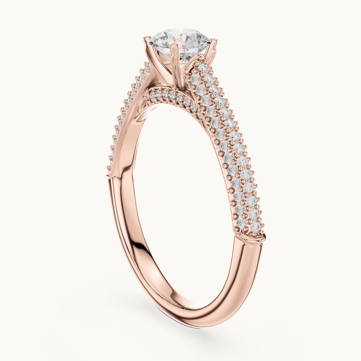 Round lab-grown diamond tapered pavé engagement ring in rose gold, 1.07 CT TW, view 1