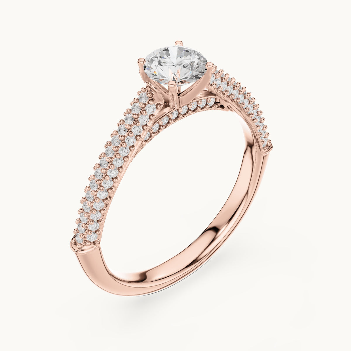 Round lab-grown diamond tapered pavé engagement ring in rose gold, 1.07 CT TW, view 2