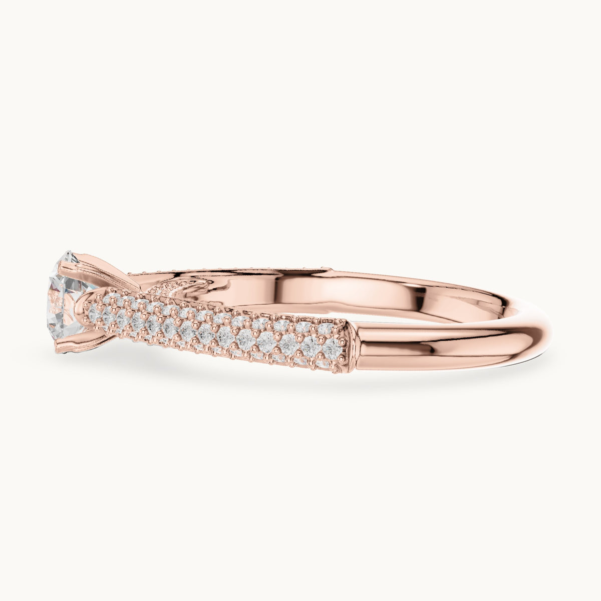 Round lab-grown diamond tapered pavé engagement ring in rose gold, 1.07 CT TW, view 3
