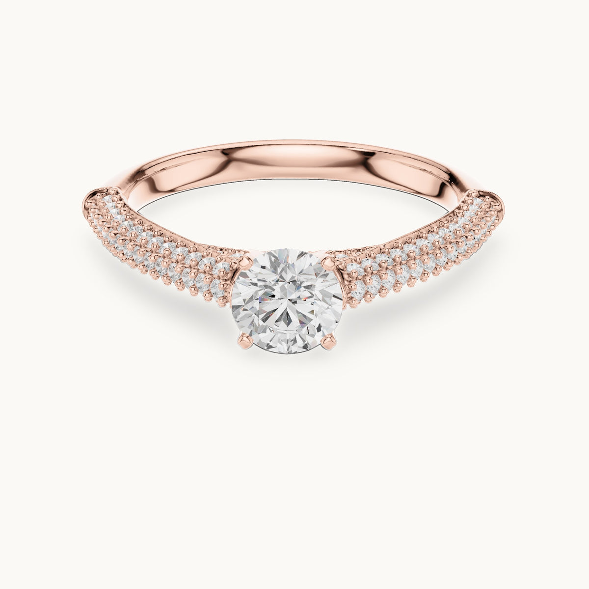 Round lab-grown diamond tapered pavé engagement ring in rose gold, 1.07 CT TW, view 4