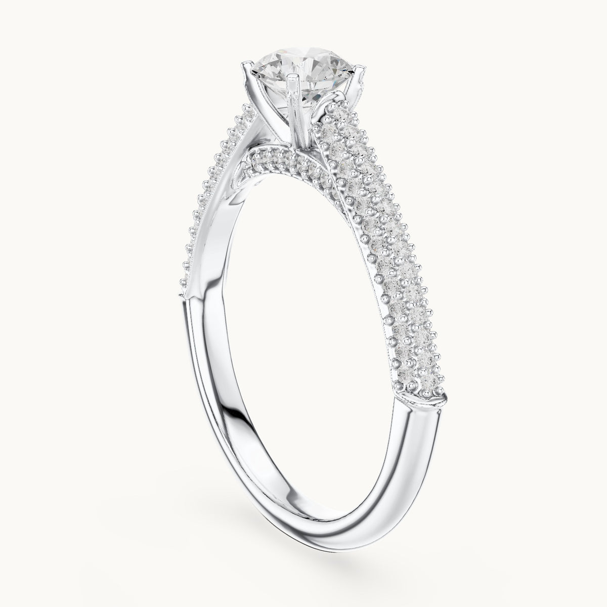 Round lab-grown diamond tapered pavé engagement ring in white gold, 1.07 CT TW, view 1