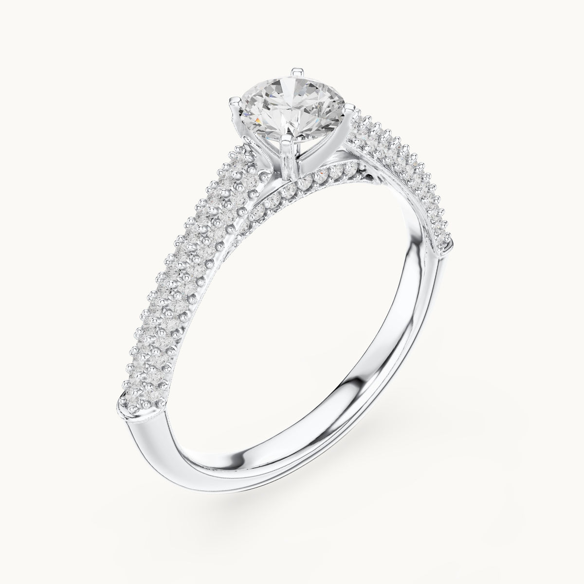 Round lab-grown diamond tapered pavé engagement ring in white gold, 1.07 CT TW, view 2