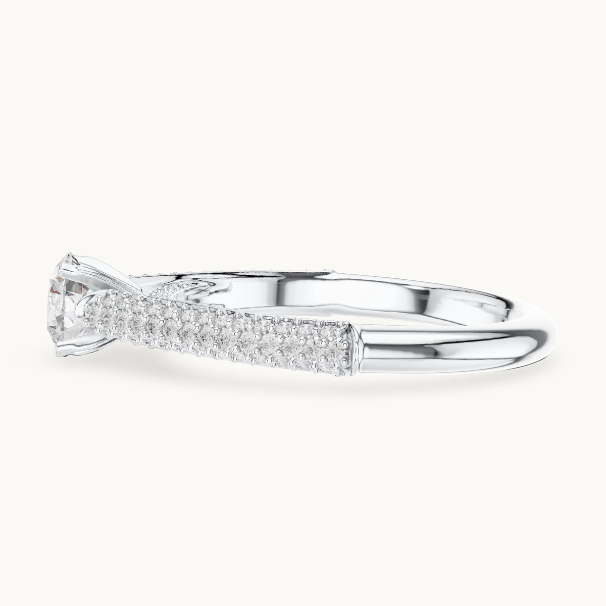 Round lab-grown diamond tapered pavé engagement ring in white gold, 1.07 CT TW, view 3