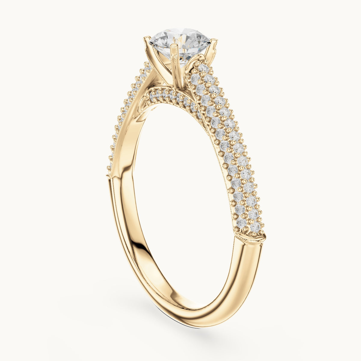 Round lab-grown diamond tapered pavé engagement ring in yellow gold, 1.07 CT TW, view 1