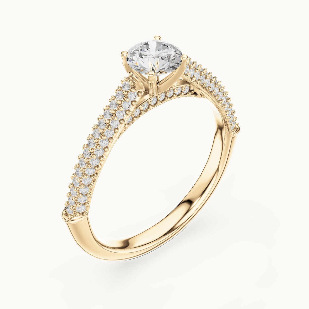 Round lab-grown diamond tapered pavé engagement ring in yellow gold, 1.07 CT TW, view 2