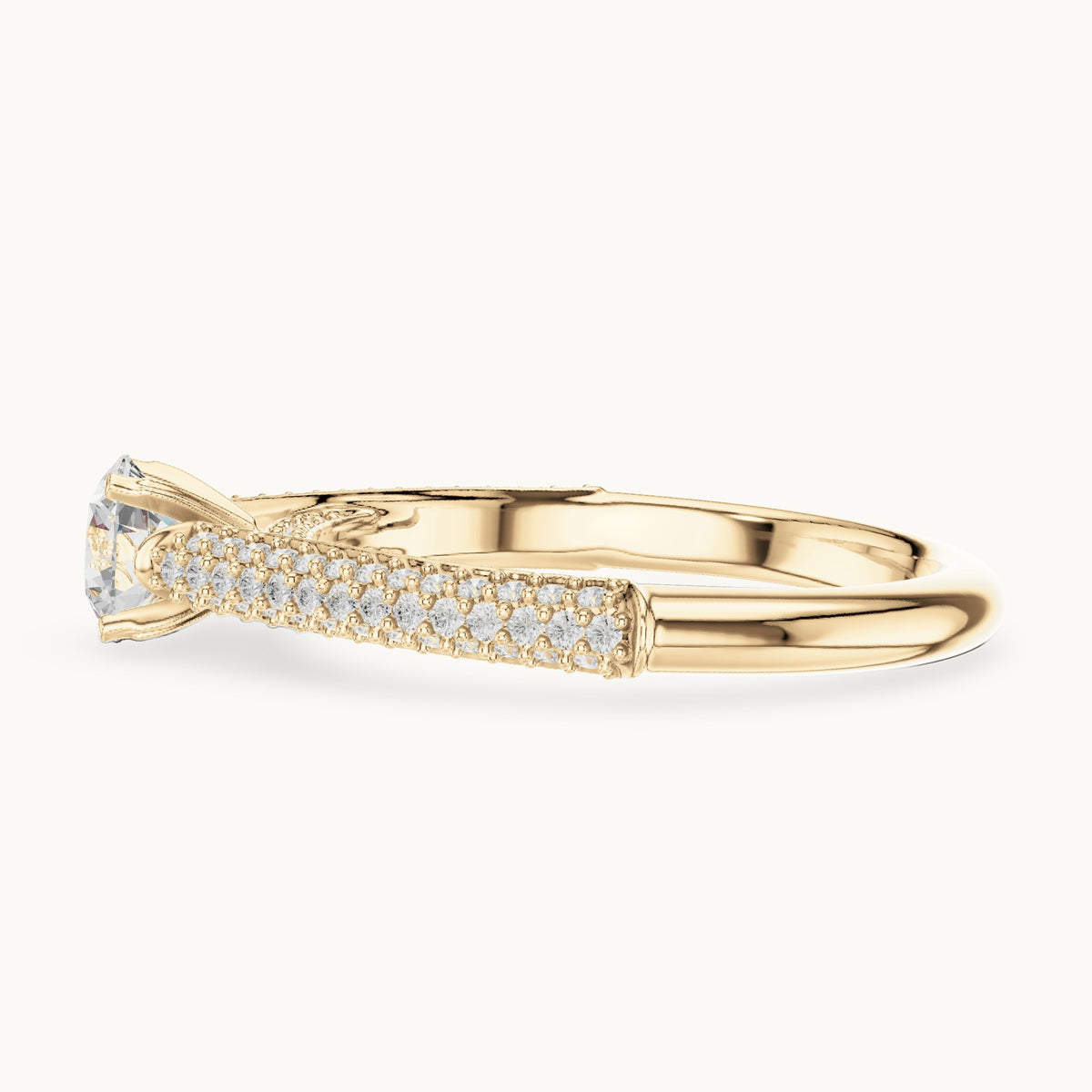 Round lab-grown diamond tapered pavé engagement ring in yellow gold, 1.07 CT TW, view 3